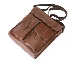 Men vintage genuine leather shoulder messenger bag casual brown crossbody bag with multi pockets.