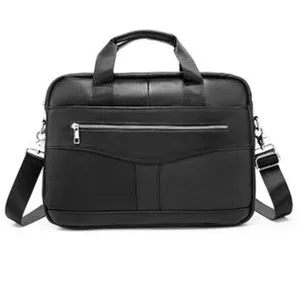 Men's black leather business laptop briefcase, durable shoulder bag for office and travel.