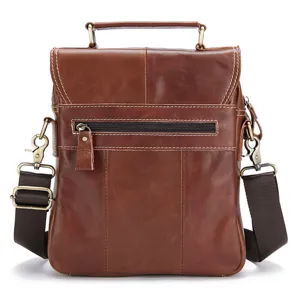 Men genuine leather messenger bag detail, vintage brown crossbody bag with metal hardware.