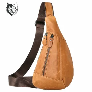 Men's Genuine Leather Chest Bag Multifunctional Casual Crossbody Bag Waterproof Outdoor Travel Shoulder Bag Solid Color