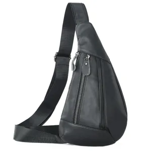 Men black leather sling bag casual outdoor waterproof chest crossbody bag main view display