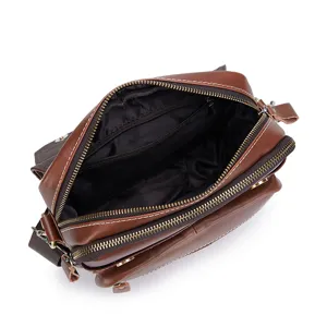 Men leather crossbody bag top layer cowhide multi-zipper pocket casual detail view interior
