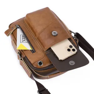Men's genuine leather crossbody bag, casual brown cowhide shoulder bag with multi pockets.