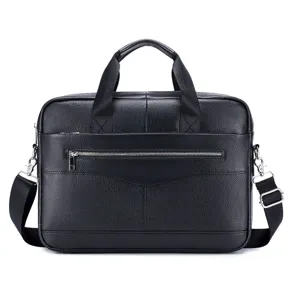 Premium black leather business briefcase with adjustable strap and durable metal zippers.
