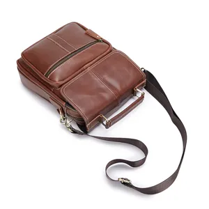 Men's genuine leather messenger bag casual vintage crossbody shoulder bag with multiple zippers.