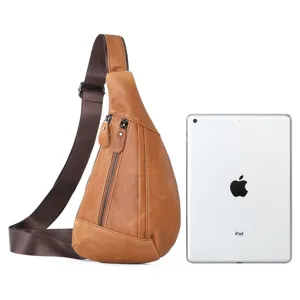 Mens leather sling bag casual chest pack outdoor travel crossbody bag with adjustable strap.