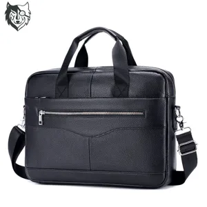 Men's genuine leather briefcase, business casual handbag with large capacity and shoulder strap.