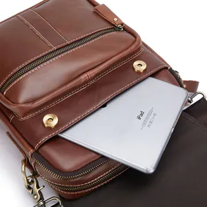 Mens brown genuine leather messenger bag vintage casual crossbody shoulder bag for daily use