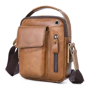 brown leather mens crossbody shoulder bag multi pocket casual daily use premium leather detail