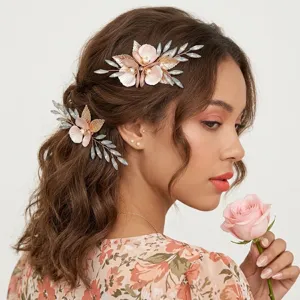 Handgemachte Blumen Haarkamm Set Künstliche Perle Hochzeit Haarschmuck Gold Metall Haarschmuck Braut Hochsteckfrisur Haarschmuck