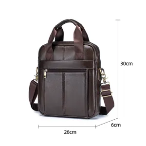 Men's brown genuine leather briefcase shoulder bag with handle and adjustable strap.