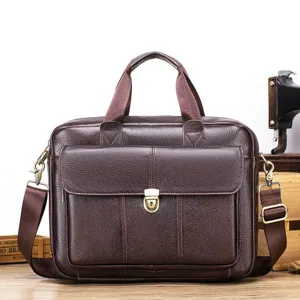 Genuine leather men briefcase vintage brown shoulder bag large capacity casual business
