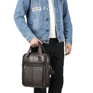 Men's genuine leather business briefcase casual shoulder messenger handbag for daily use.