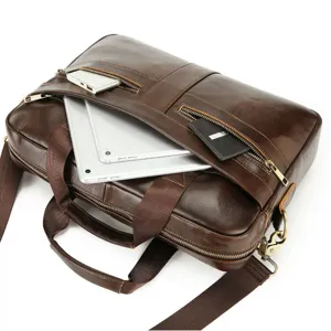 Men genuine leather briefcase laptop bag vintage business messenger bag large capacity dark brown