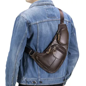 Sac de poitrine en cuir pour homme sac à bandoulière décontracté pour le voyage et le sport.