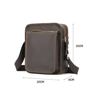 Men's vertical genuine leather messenger bag, retro casual shoulder bag with size details.
