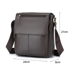 Men vintage genuine leather shoulder bag casual brown crossbody bag with flap and pockets
