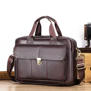 Men Genuine Cowhide Leather Briefcase Large Capacity Business Laptop Bag Vintage Casual Crossbody Shoulder Bag