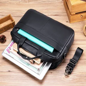 Black leather mens briefcase 15.6 inch laptop bag business casual shoulder bag leather