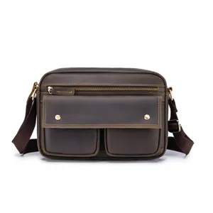 Vintage crazy horse leather men casual shoulder crossbody bag with multiple front pockets.