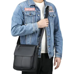 Detailed view of genuine leather men's messenger bag, retro flap design for daily commuting.