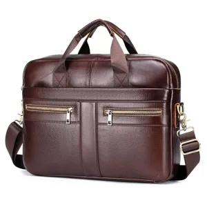 Detailed view of the premium brown leather briefcase front pocket and metallic zipper hardware.