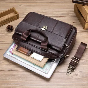 Brown genuine leather business briefcase for men, laptop bag with handle and shoulder strap.