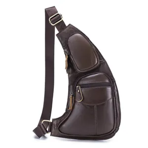 Sac bandoulière homme en cuir véritable, sac de poitrine marron multi-poches pour voyage.