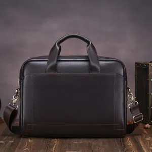 Men's genuine leather business briefcase vintage laptop bag commuter handbag with shoulder strap
