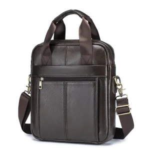 Men's genuine leather briefcase, vintage brown shoulder messenger bag with top handles.