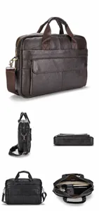 Genuine leather men business briefcase laptop shoulder messenger bag multi angle detail view