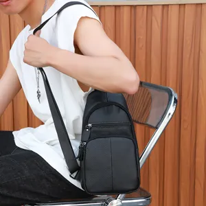 Men Genuine Leather Chest Bag Casual Crossbody Sling Bag Vintage Black Daypack