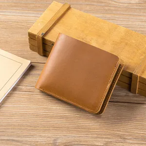 Men's bifold brown genuine leather wallet, vintage retro style short coin purse compact design.