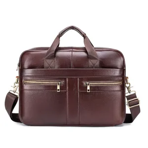 Genuine leather mens business briefcase laptop messenger bag with shoulder strap detail.