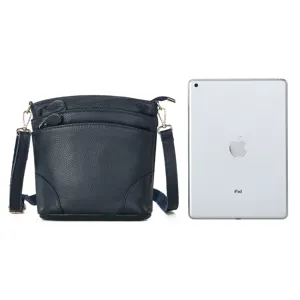 Genuine leather shoulder bag for women, multi-pocket crossbody bucket bag with adjustable strap.