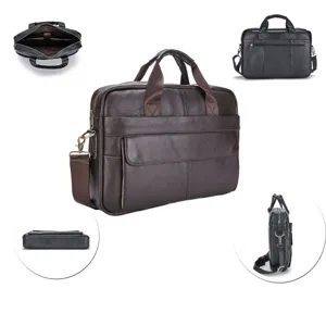 Men's leather briefcase laptop messenger bag multi-angle detail view for business office use.