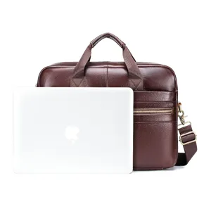 Men genuine leather business briefcase laptop shoulder bag with top handle and strap dark brown