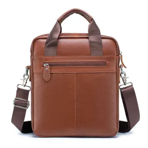 Men brown leather business briefcase handbag with top handles and shoulder strap for daily work.