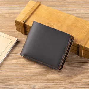 Classic genuine leather bifold wallet for men, short vintage crazy horse leather card holder.