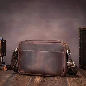 Retro crazy horse leather men's shoulder bag casual vintage cowhide crossbody messenger bag.