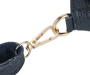 Detailed view of the luxury genuine leather shoulder bag gold hardware clasp and blue strap.