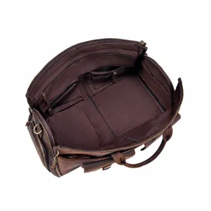 Brown leather travel duffel bag with multi compartments, garment organizer, shoe pocket for men.