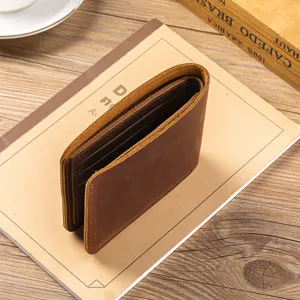 Men crazy horse leather short wallet vintage design compact bi-fold purse card holder.