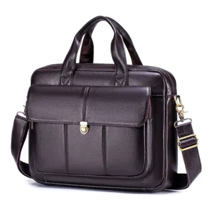 Borsa da lavoro da uomo in vera pelle marrone, elegante cartella per laptop con manico.