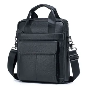 Men black leather business briefcase casual messenger shoulder bag with top handle and strap.
