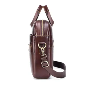 Side detail view of brown leather men briefcase, showing durable handle, metal zipper and strap.