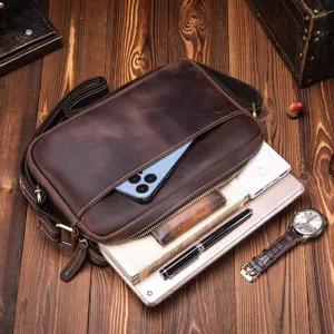 Vintage crazy horse leather men's shoulder bag retro casual messenger crossbody bag.
