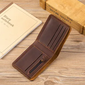 Detailed view of genuine leather short wallet, brown crazy horse texture, multiple card slots.