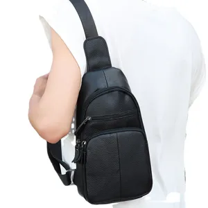 Men genuine leather chest bag retro cowhide crossbody bag casual sports business black bag