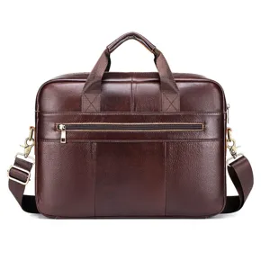 Close-up detail of the genuine leather men's business briefcase with metal hardware.